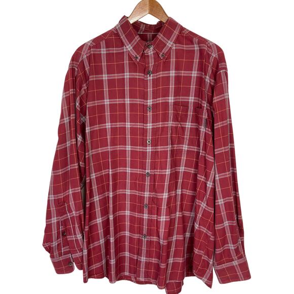 Woolrich Oxford Shirt Size L Merlot Burgundy Plaid Check Button Up Normcore FLAW - Picture 1 of 9